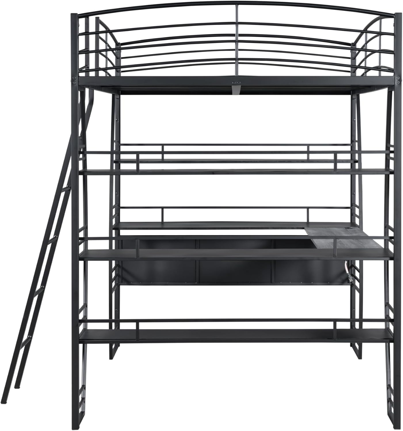 DNYN Full Size Loft Bed with Desk & Shelves & Sockets & USB Ports & Wireless Charging Design,Sturdy Metal Bedframe w/Ladder & Safety Guardrails,Perfect for Dorm,Bedroom,Guest Room, Black - Grand Goldman