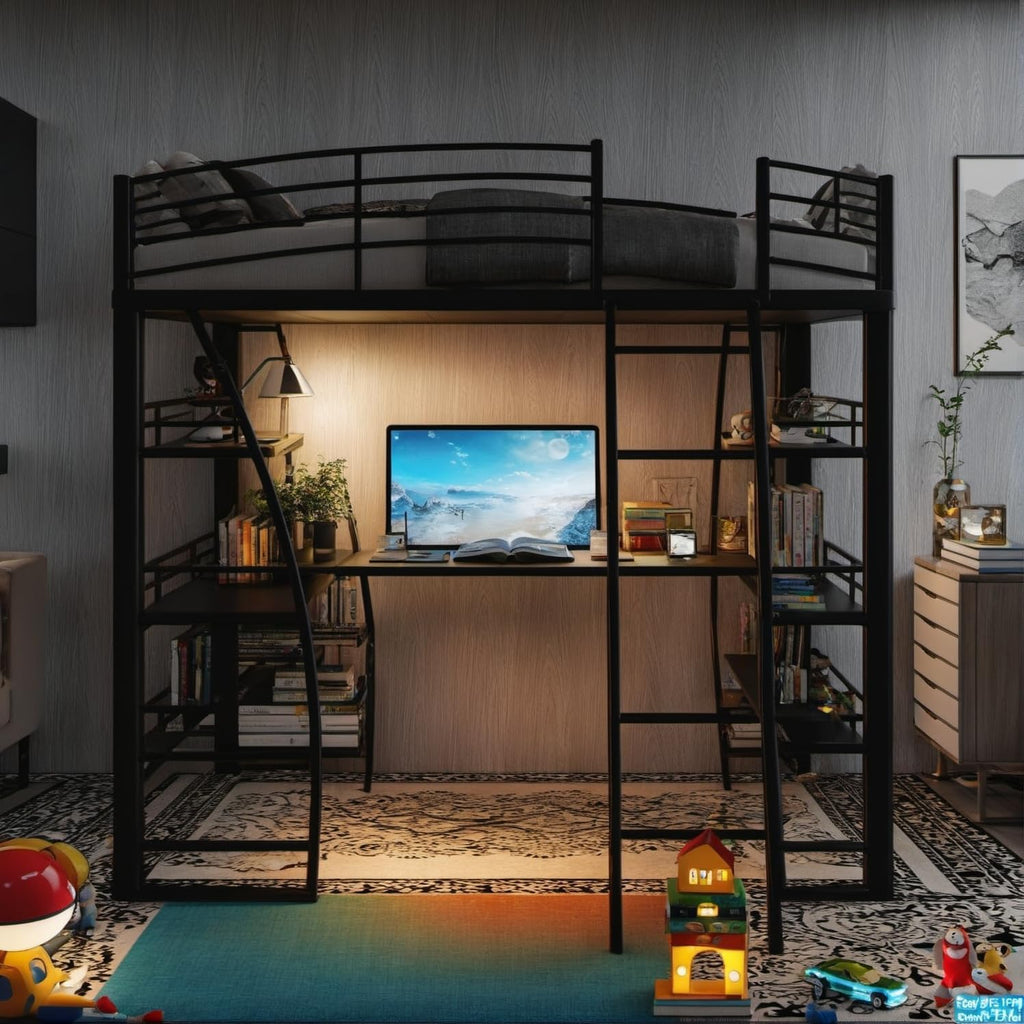 DNYN Full Size Loft Bed with Desk & Shelves & Sockets & USB Ports & Wireless Charging Design,Sturdy Metal Bedframe w/Ladder & Safety Guardrails,Perfect for Dorm,Bedroom,Guest Room, Black - Grand Goldman