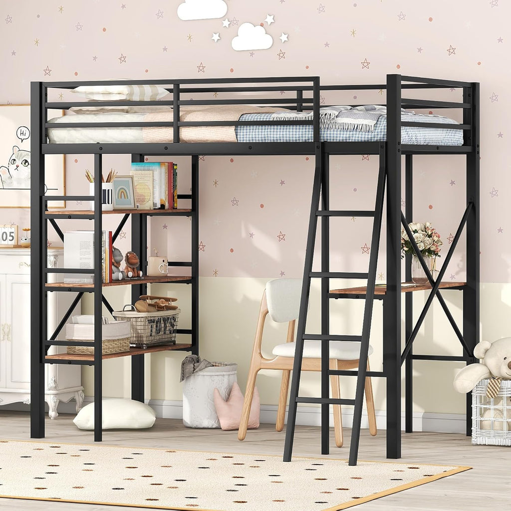DNYN Full Size Loft Bed with Desk & Shelves & Sockets & USB Ports & Wireless Charging Design,Sturdy Metal Bedframe w/Ladder & Safety Guardrails,Perfect for Dorm,Bedroom,Guest Room, Black - Grand Goldman