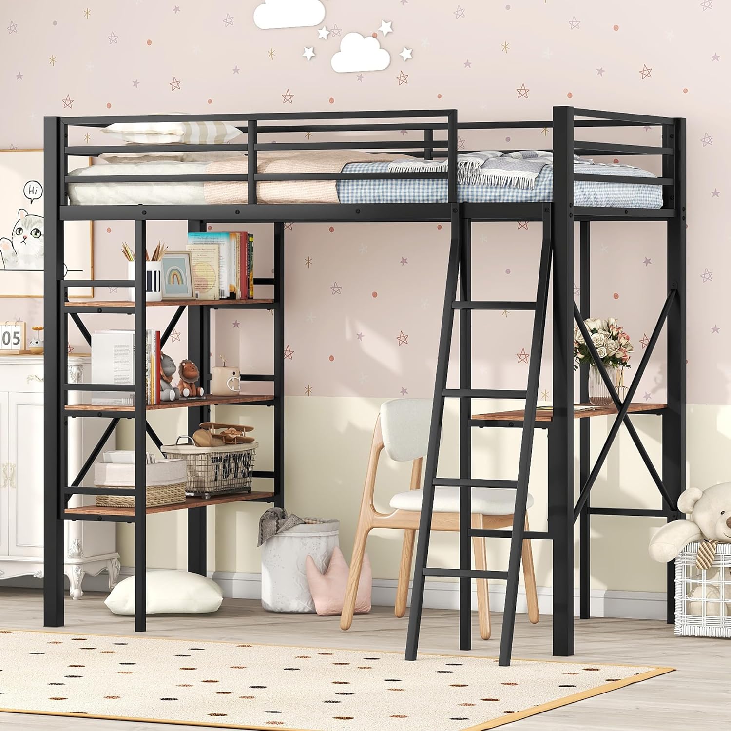 DNYN Full Size Loft Bed with Desk & Shelves & Sockets & USB Ports & Wireless Charging Design,Sturdy Metal Bedframe w/Ladder & Safety Guardrails,Perfect for Dorm,Bedroom,Guest Room, Black - Grand Goldman