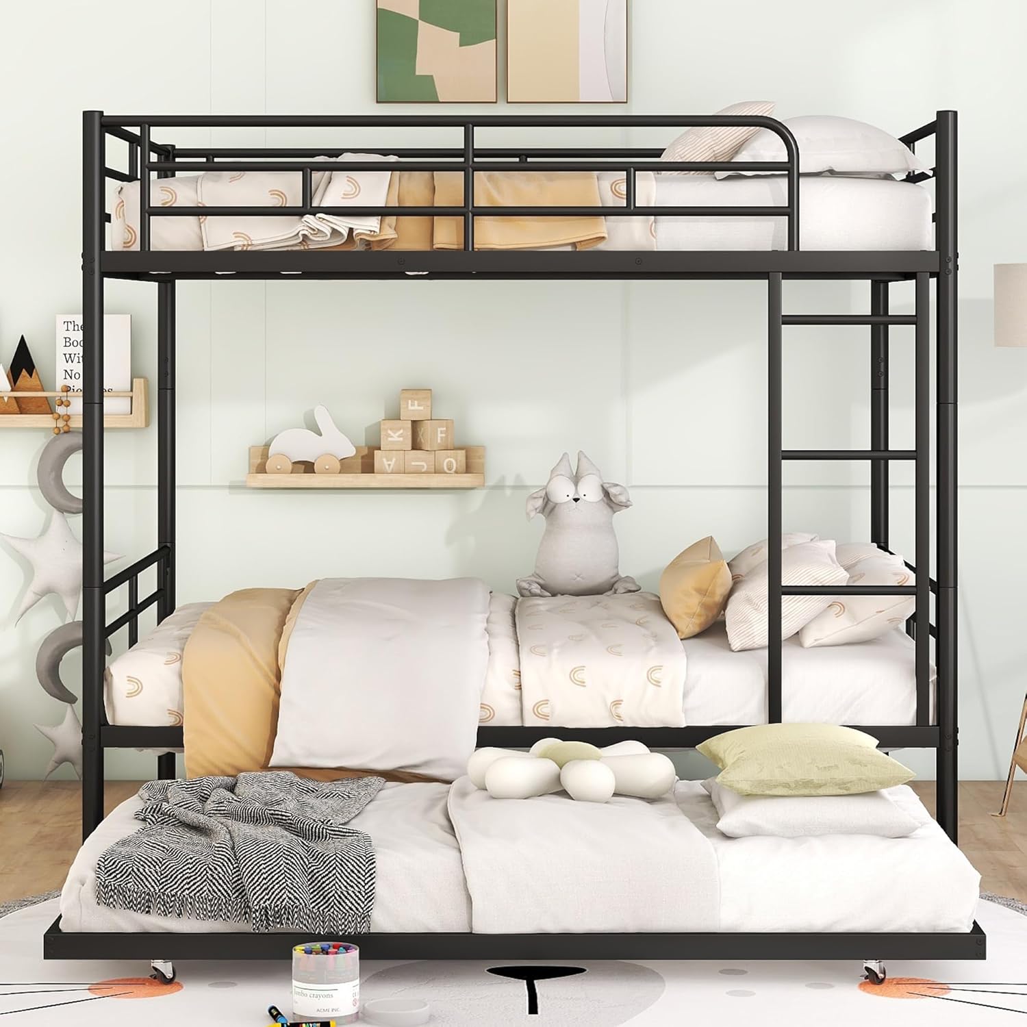 DNYN Full Size Loft Bed with Desk & Shelves & Sockets & USB Ports & Wireless Charging Design,Sturdy Metal Bedframe w/Ladder & Safety Guardrails,Perfect for Dorm,Bedroom,Guest Room, Black - Grand Goldman