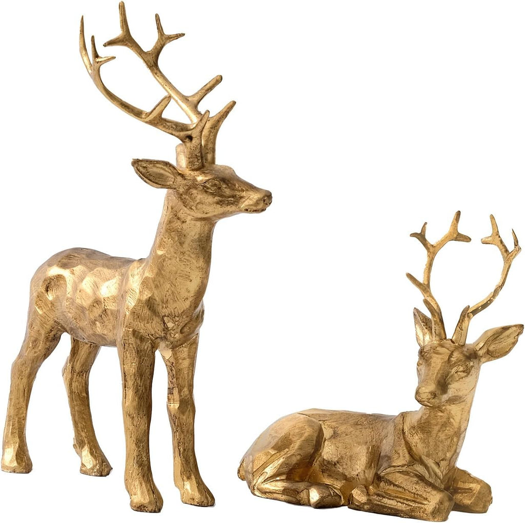 DN DECONATION 2PCS Christmas Resin Reindeer Figurines Small Gold Deer Decorative Statues Resting Lucky Deer Sculptures for Indoor Home Decor Tabletop Mantle Cabinet Desktop Office - Grand Goldman
