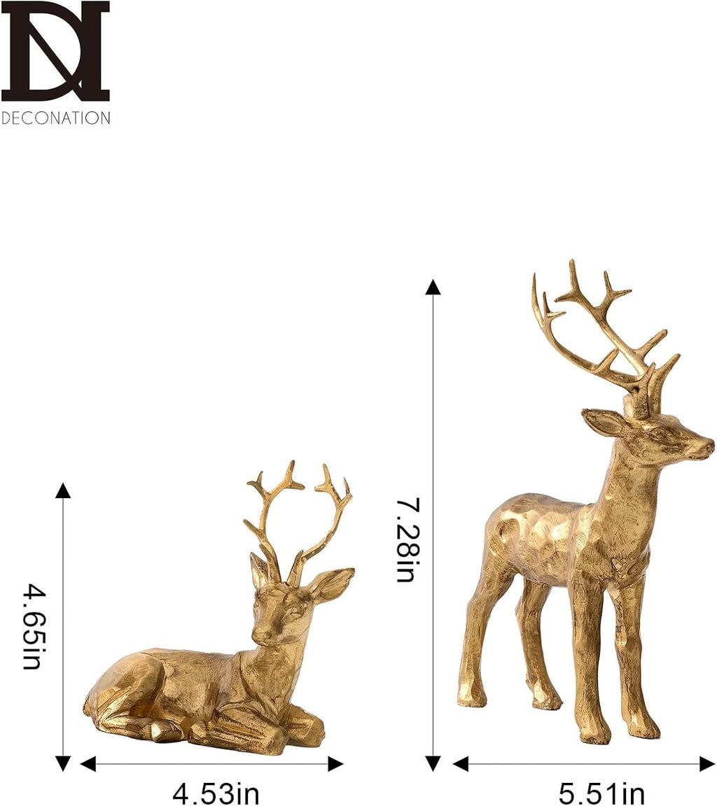 DN DECONATION 2PCS Christmas Resin Reindeer Figurines Small Gold Deer Decorative Statues Resting Lucky Deer Sculptures for Indoor Home Decor Tabletop Mantle Cabinet Desktop Office - Grand Goldman