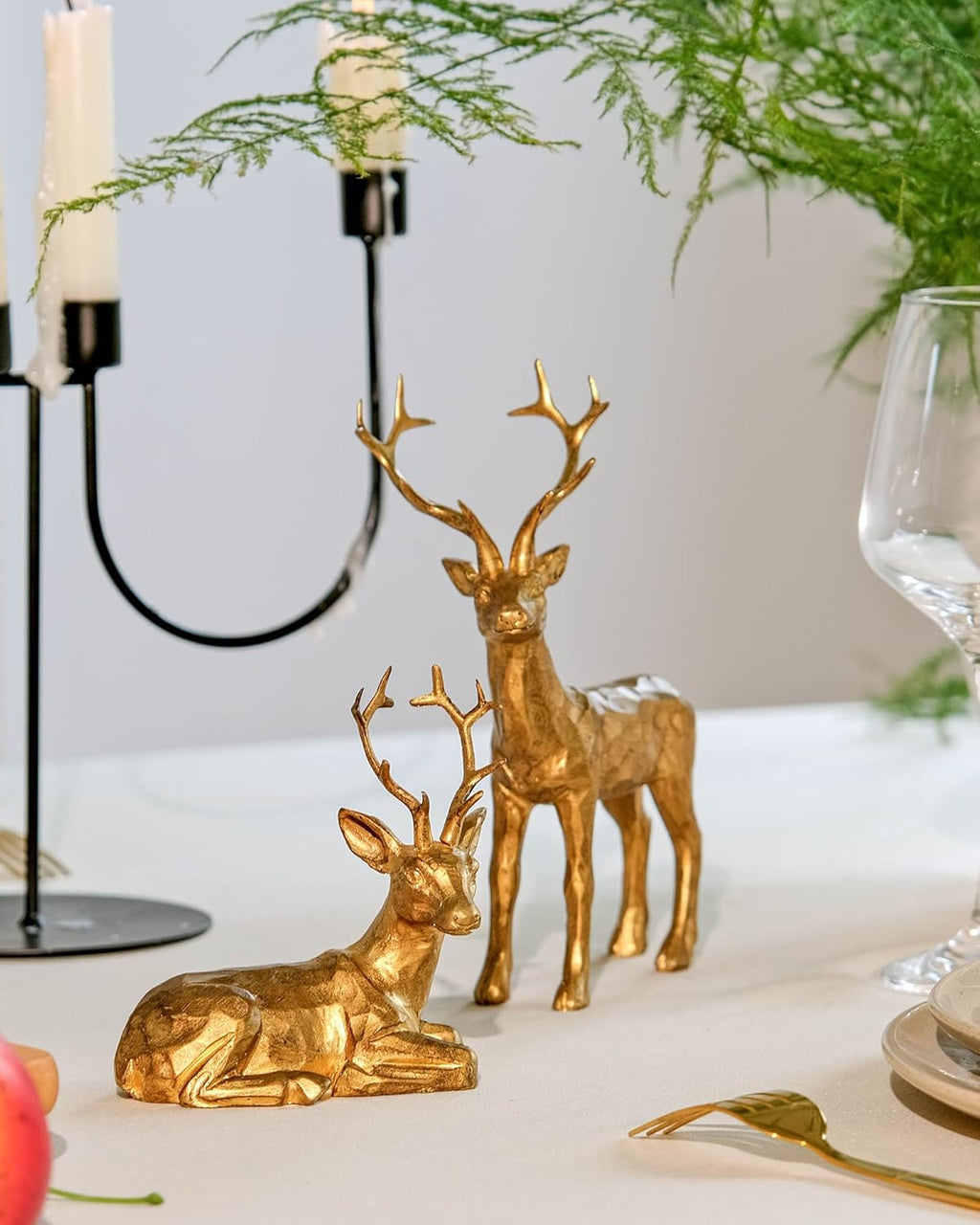 DN DECONATION 2PCS Christmas Resin Reindeer Figurines Small Gold Deer Decorative Statues Resting Lucky Deer Sculptures for Indoor Home Decor Tabletop Mantle Cabinet Desktop Office - Grand Goldman