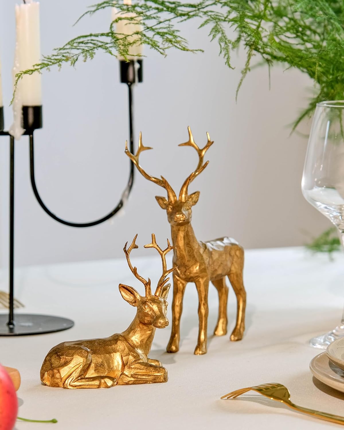 DN DECONATION 2PCS Christmas Resin Reindeer Figurines Small Gold Deer Decorative Statues Resting Lucky Deer Sculptures for Indoor Home Decor Tabletop Mantle Cabinet Desktop Office - Grand Goldman