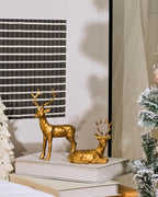 DN DECONATION 2PCS Christmas Resin Reindeer Figurines Small Gold Deer Decorative Statues Resting Lucky Deer Sculptures for Indoor Home Decor Tabletop Mantle Cabinet Desktop Office - Grand Goldman