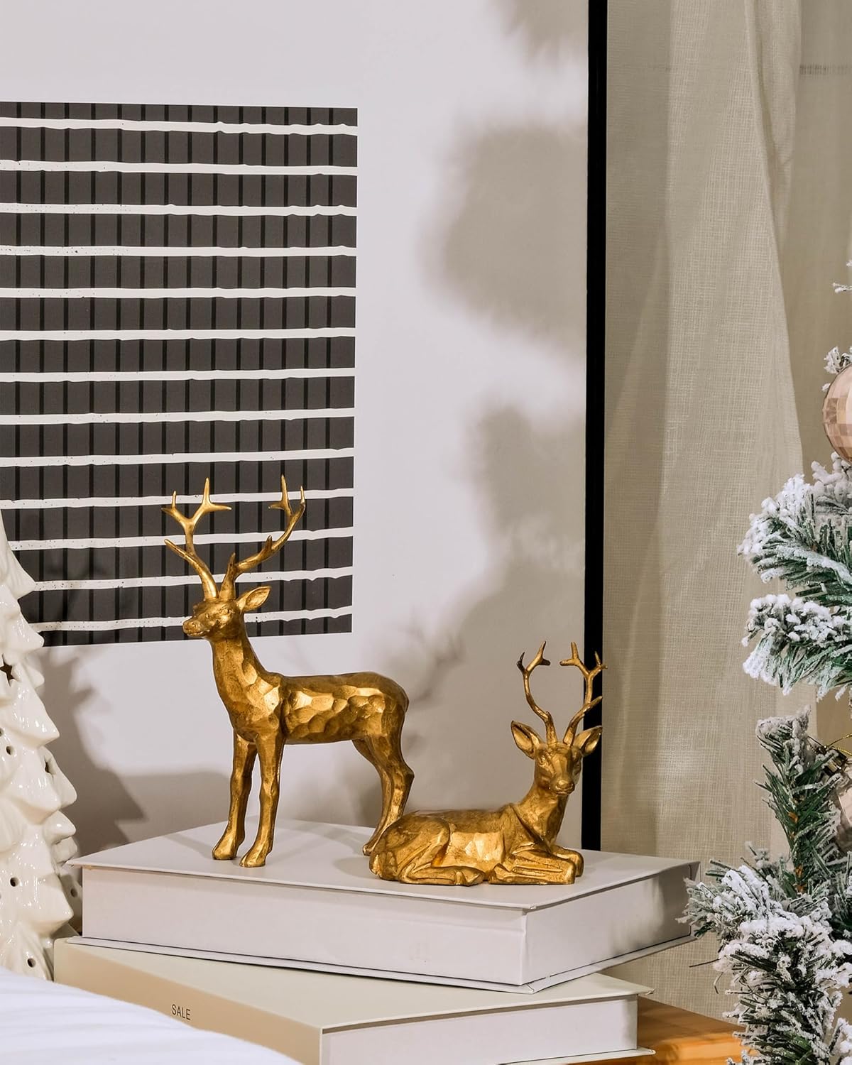 DN DECONATION 2PCS Christmas Resin Reindeer Figurines Small Gold Deer Decorative Statues Resting Lucky Deer Sculptures for Indoor Home Decor Tabletop Mantle Cabinet Desktop Office - Grand Goldman