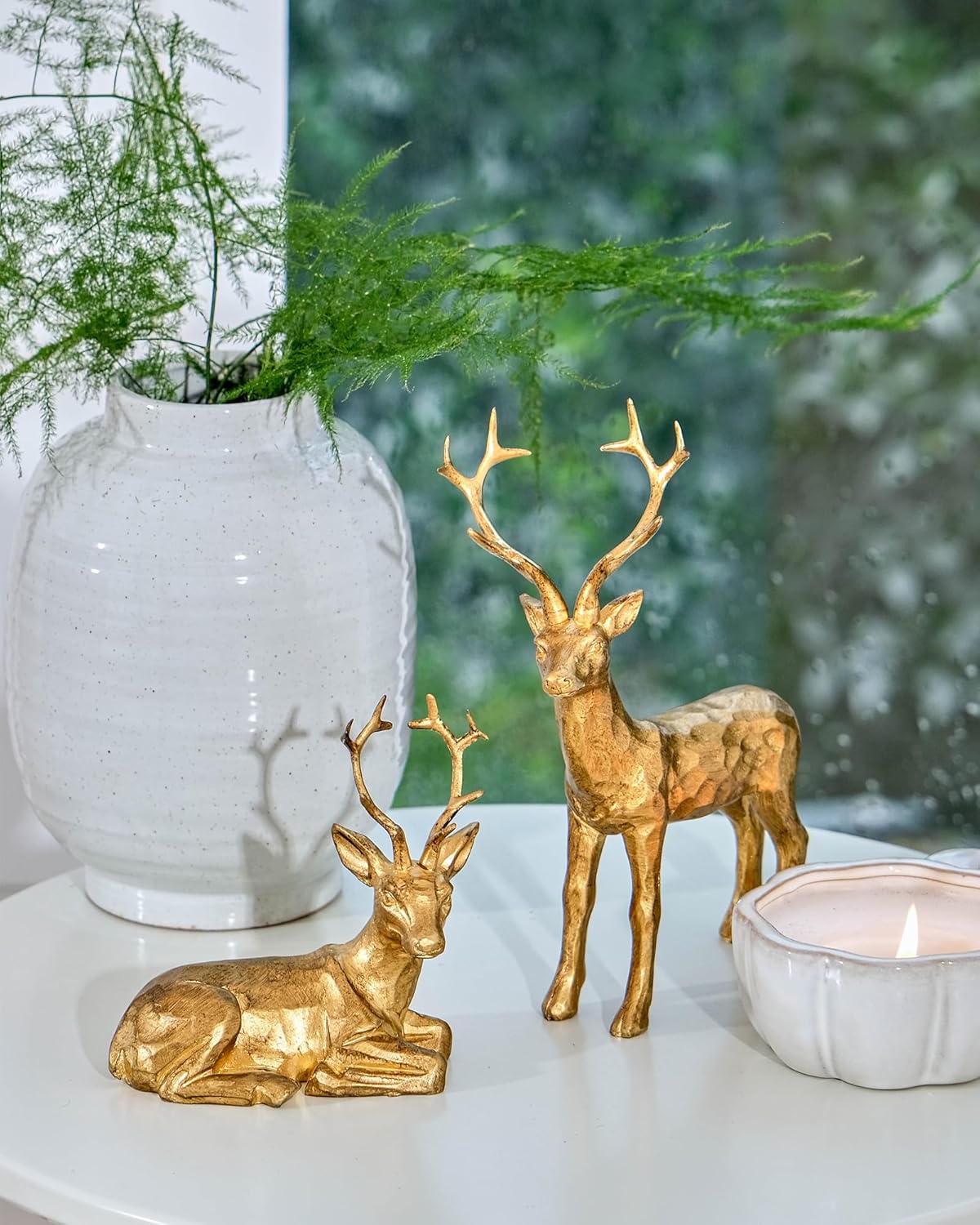 DN DECONATION 2PCS Christmas Resin Reindeer Figurines Small Gold Deer Decorative Statues Resting Lucky Deer Sculptures for Indoor Home Decor Tabletop Mantle Cabinet Desktop Office - Grand Goldman