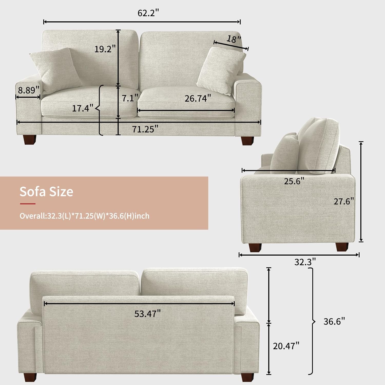 DOPEDIO Modern Living Room Chenille Recliner Sofa Small Sofa,loveseat Sofa,Removable Sofa Cover Space Spring Cushions and Solid Wood Frame, Easy to Install (71.25inch，Beige) - Grand Goldman