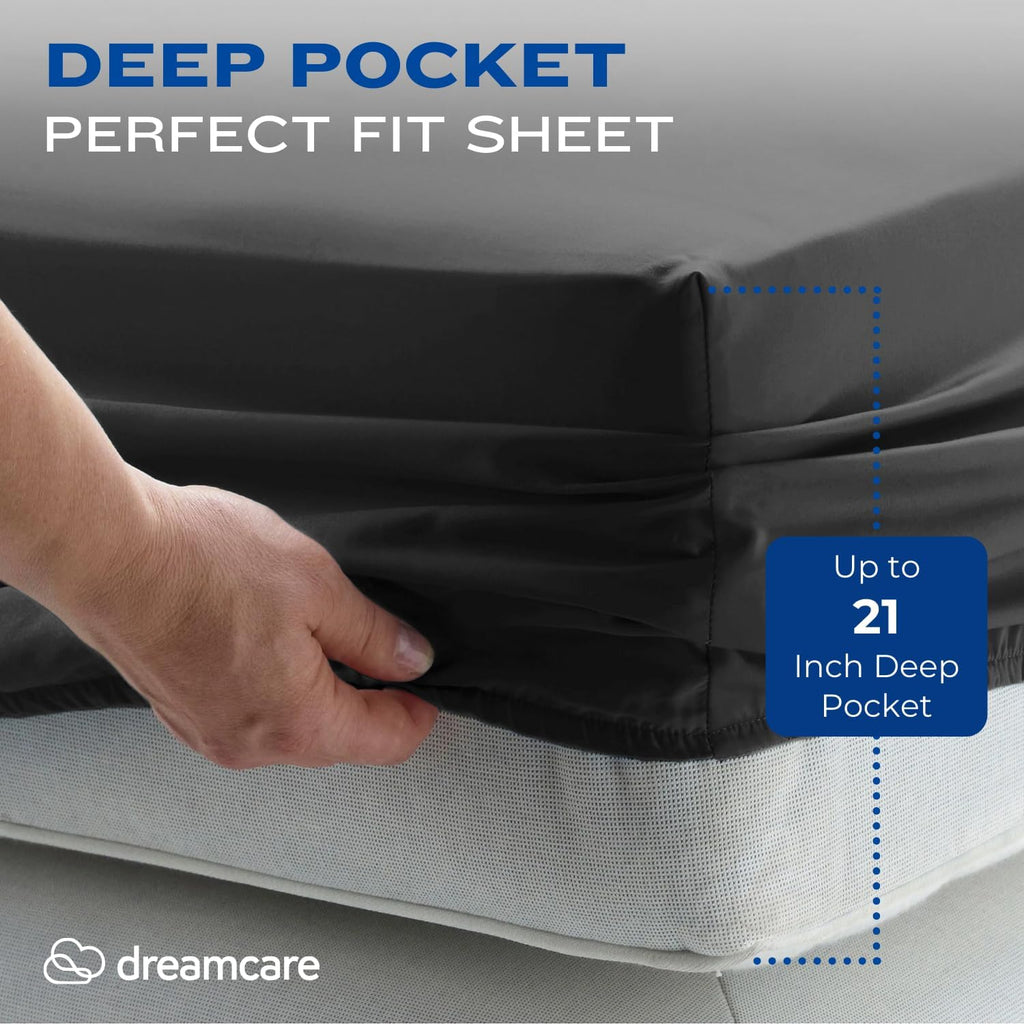 DREAMCARE King Size Sheets Set – 4 pcs Cooling Sheets – up to 21” Deep Pocket King Sheet Set – Hotel Luxury Sheets & Pillowcases – Superior Softness 100% Fine Microfiber with Side Pocket – Gray - Grand Goldman