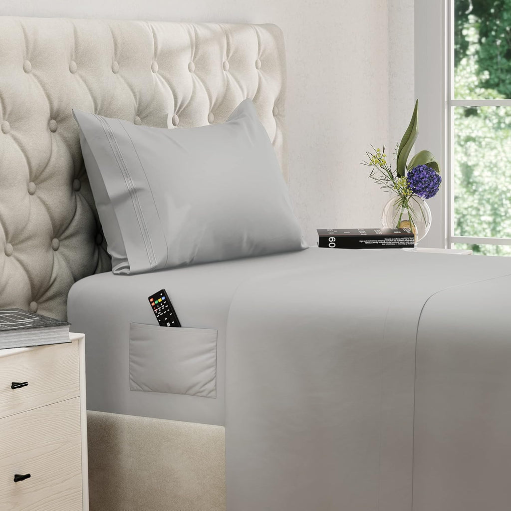 DREAMCARE King Size Sheets Set – 4 pcs Cooling Sheets – up to 21” Deep Pocket King Sheet Set – Hotel Luxury Sheets & Pillowcases – Superior Softness 100% Fine Microfiber with Side Pocket – Gray - Grand Goldman