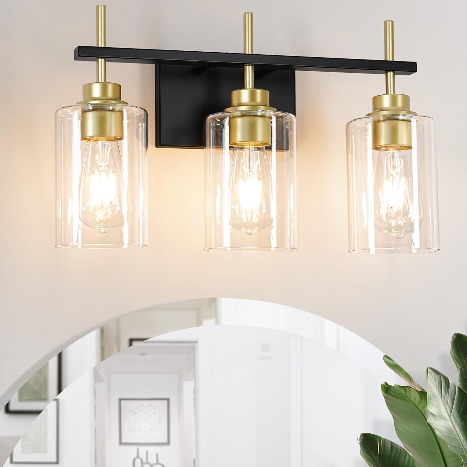 DSMJFU Black and Gold Wall Sconces Set of Two, Bathroom Sconce Wall Lighting Set of 2,Modern Glass Bathroom Wall Light, Wall Mounted Light for Bedroom Living Room Hallway - Grand Goldman