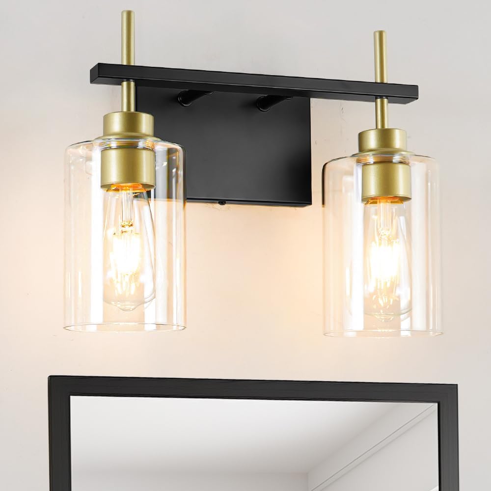 DSMJFU Black and Gold Wall Sconces Set of Two, Bathroom Sconce Wall Lighting Set of 2,Modern Glass Bathroom Wall Light, Wall Mounted Light for Bedroom Living Room Hallway - Grand Goldman