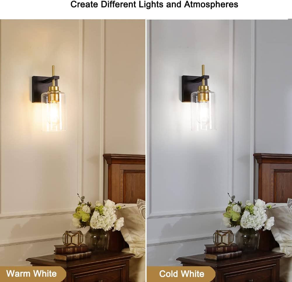 DSMJFU Black and Gold Wall Sconces Set of Two, Bathroom Sconce Wall Lighting Set of 2,Modern Glass Bathroom Wall Light, Wall Mounted Light for Bedroom Living Room Hallway - Grand Goldman