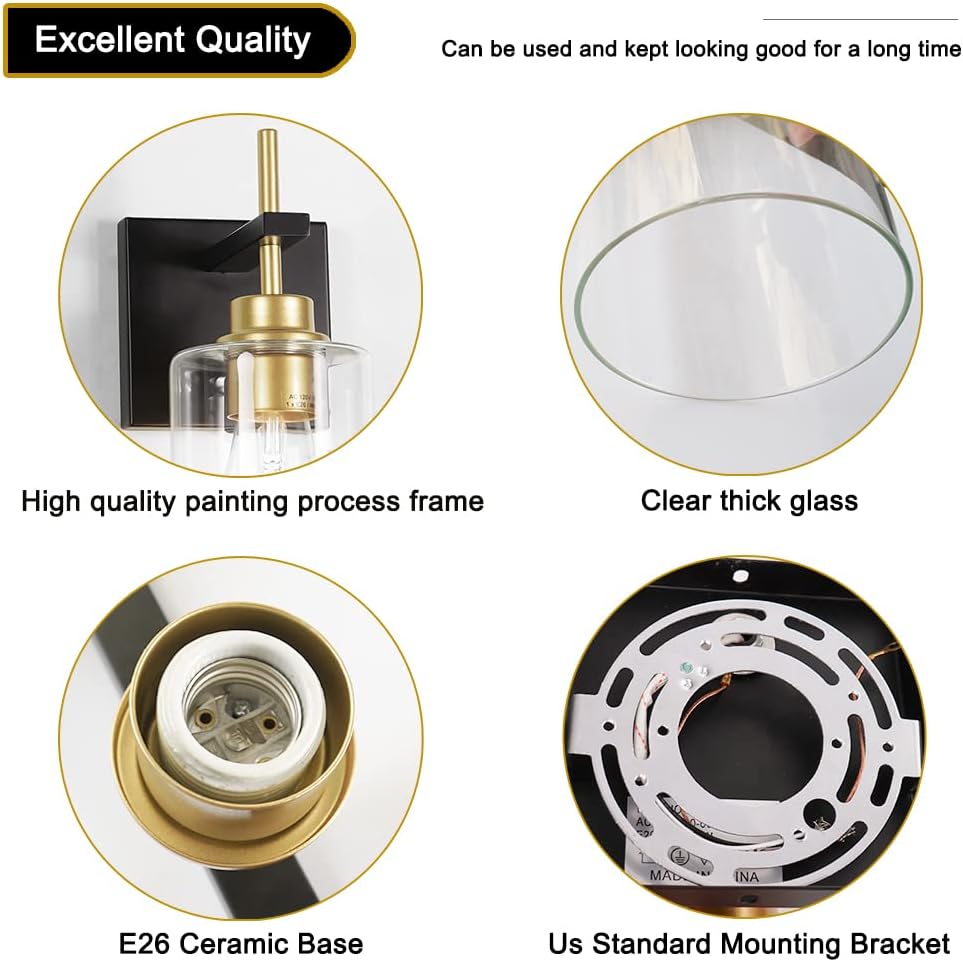 DSMJFU Black and Gold Wall Sconces Set of Two, Bathroom Sconce Wall Lighting Set of 2,Modern Glass Bathroom Wall Light, Wall Mounted Light for Bedroom Living Room Hallway - Grand Goldman