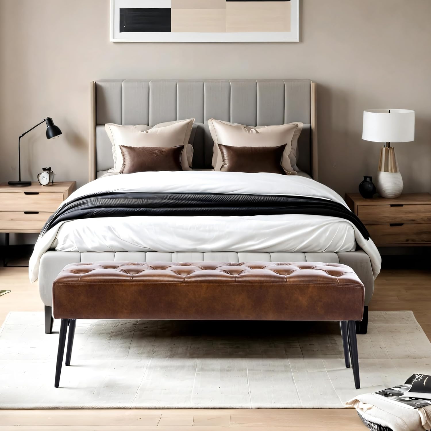 DUHOME Button-Tufted Ottoman Bench, Upholstered Bedroom Benches Leather Footrest Stool Accent Bench for Entryway Dining Room Living Room Bedroom End of Bed, Yellowish Brown - Grand Goldman