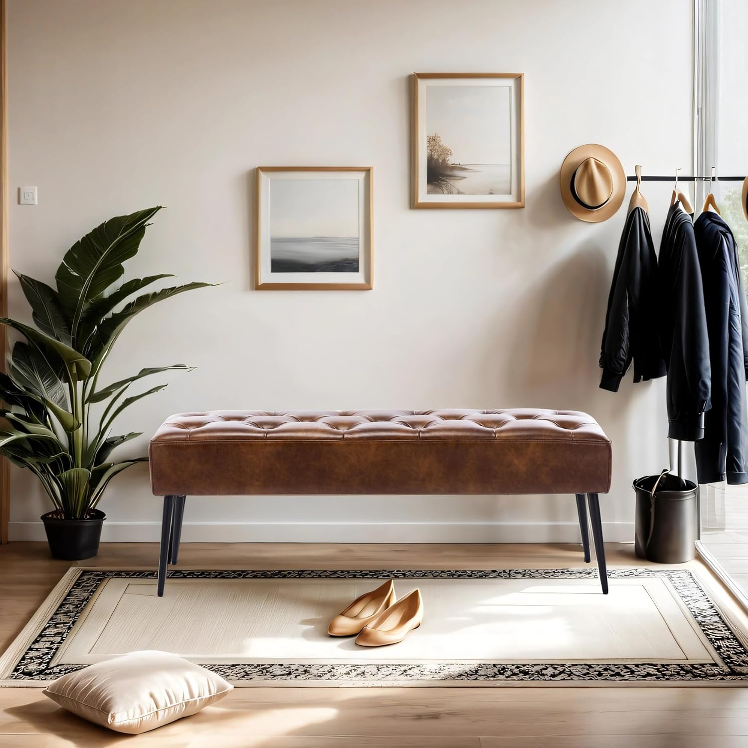 DUHOME Button-Tufted Ottoman Bench, Upholstered Bedroom Benches Leather Footrest Stool Accent Bench for Entryway Dining Room Living Room Bedroom End of Bed, Yellowish Brown - Grand Goldman