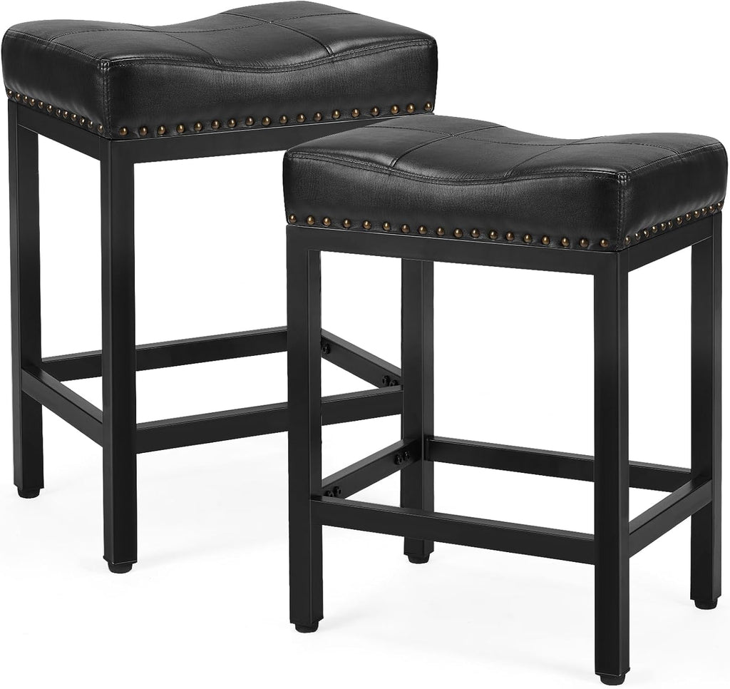 DUMOS Bar Stools Set of 4, 24 inch Counter Height Bar Stools, Upholstered Modern Kitchen Barstools with Metal Base, PU Leather Saddle Stools for Kitchen Island, Grey - Grand Goldman
