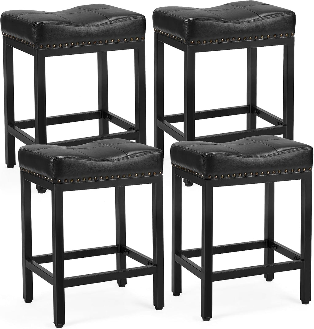 DUMOS Bar Stools Set of 4, 24 inch Counter Height Bar Stools, Upholstered Modern Kitchen Barstools with Metal Base, PU Leather Saddle Stools for Kitchen Island, Grey - Grand Goldman