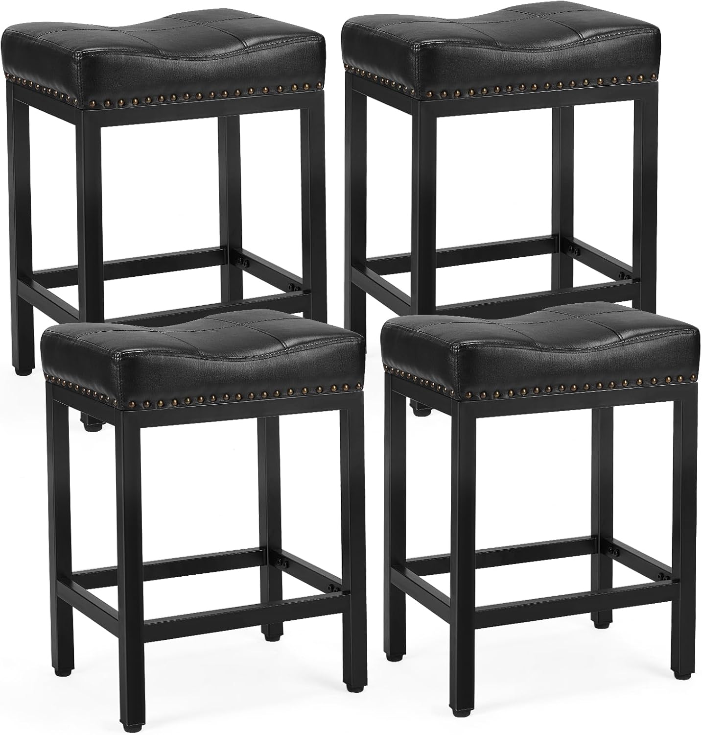 DUMOS Bar Stools Set of 4, 24 inch Counter Height Bar Stools, Upholstered Modern Kitchen Barstools with Metal Base, PU Leather Saddle Stools for Kitchen Island, Grey - Grand Goldman