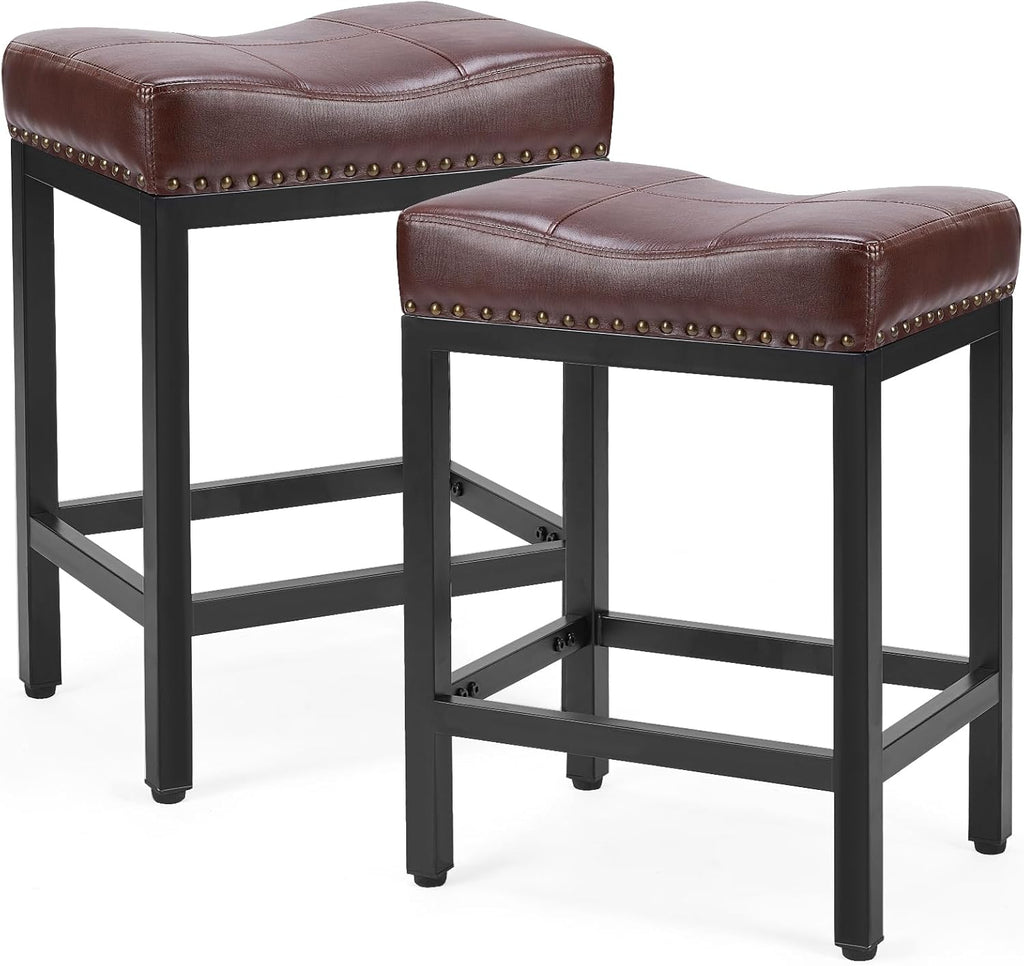 DUMOS Bar Stools Set of 4, 24 inch Counter Height Bar Stools, Upholstered Modern Kitchen Barstools with Metal Base, PU Leather Saddle Stools for Kitchen Island, Grey - Grand Goldman