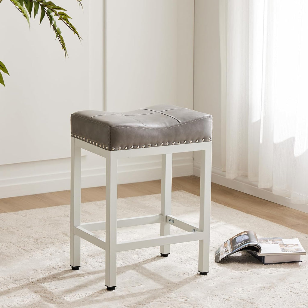 DUMOS Bar Stools Set of 4, 24 inch Counter Height Bar Stools, Upholstered Modern Kitchen Barstools with Metal Base, PU Leather Saddle Stools for Kitchen Island, Grey - Grand Goldman