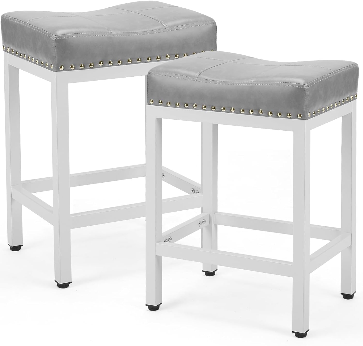 DUMOS Bar Stools Set of 4, 24 inch Counter Height Bar Stools, Upholstered Modern Kitchen Barstools with Metal Base, PU Leather Saddle Stools for Kitchen Island, Grey - Grand Goldman