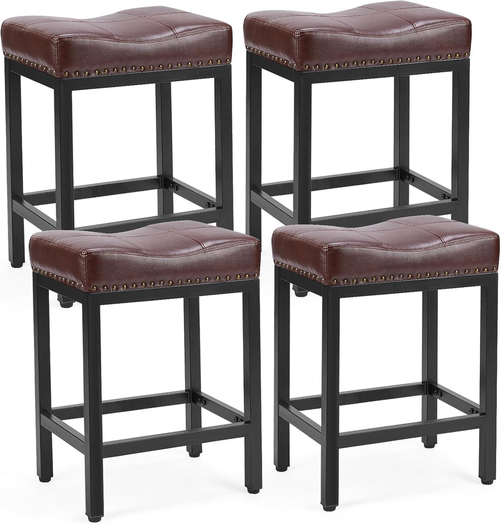 DUMOS Bar Stools Set of 4, 24 inch Counter Height Bar Stools, Upholstered Modern Kitchen Barstools with Metal Base, PU Leather Saddle Stools for Kitchen Island, Grey - Grand Goldman