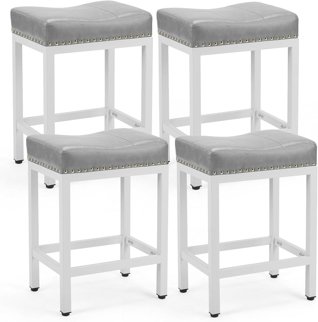 DUMOS Bar Stools Set of 4, 24 inch Counter Height Bar Stools, Upholstered Modern Kitchen Barstools with Metal Base, PU Leather Saddle Stools for Kitchen Island, Grey - Grand Goldman
