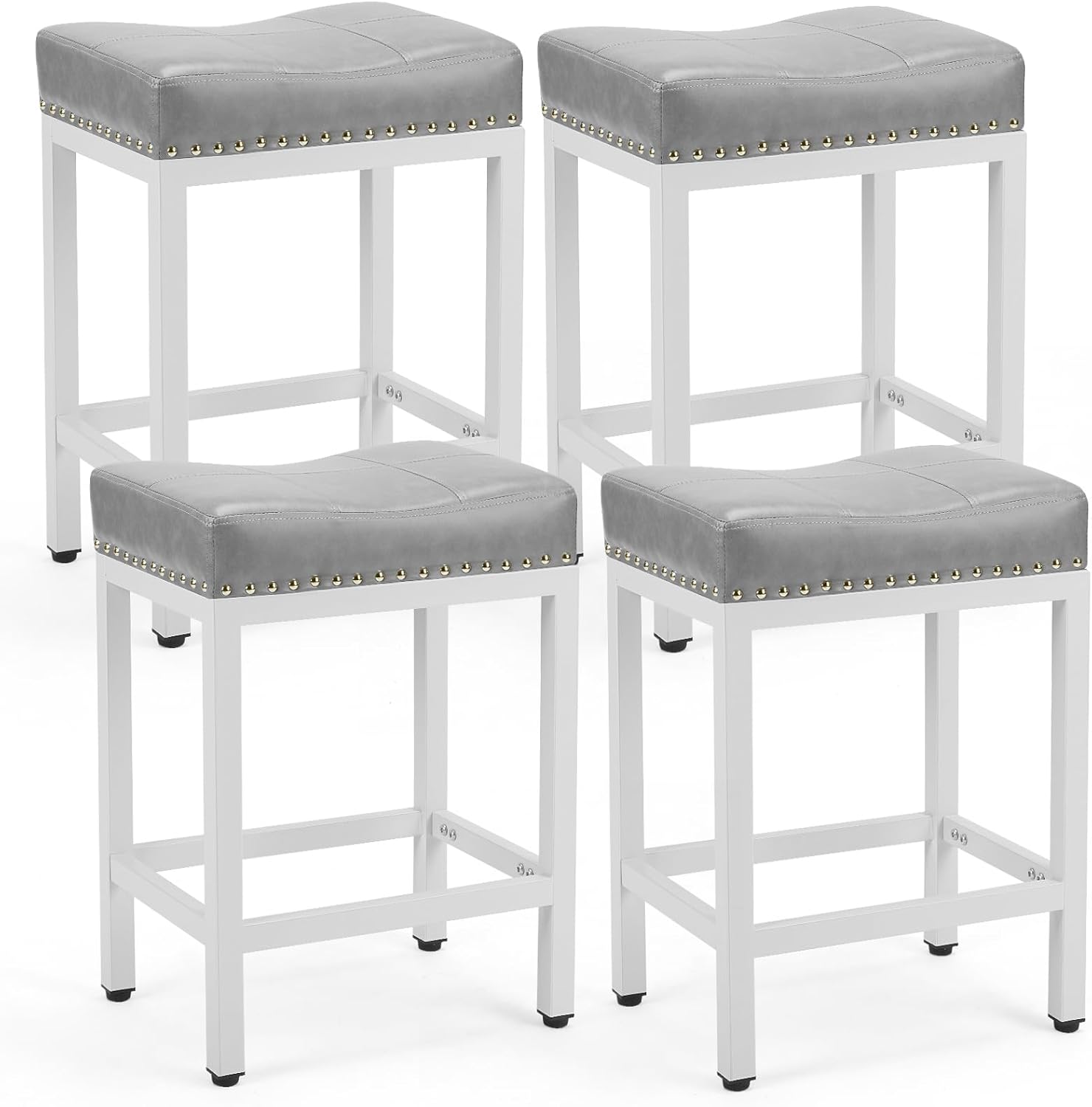 DUMOS Bar Stools Set of 4, 24 inch Counter Height Bar Stools, Upholstered Modern Kitchen Barstools with Metal Base, PU Leather Saddle Stools for Kitchen Island, Grey - Grand Goldman