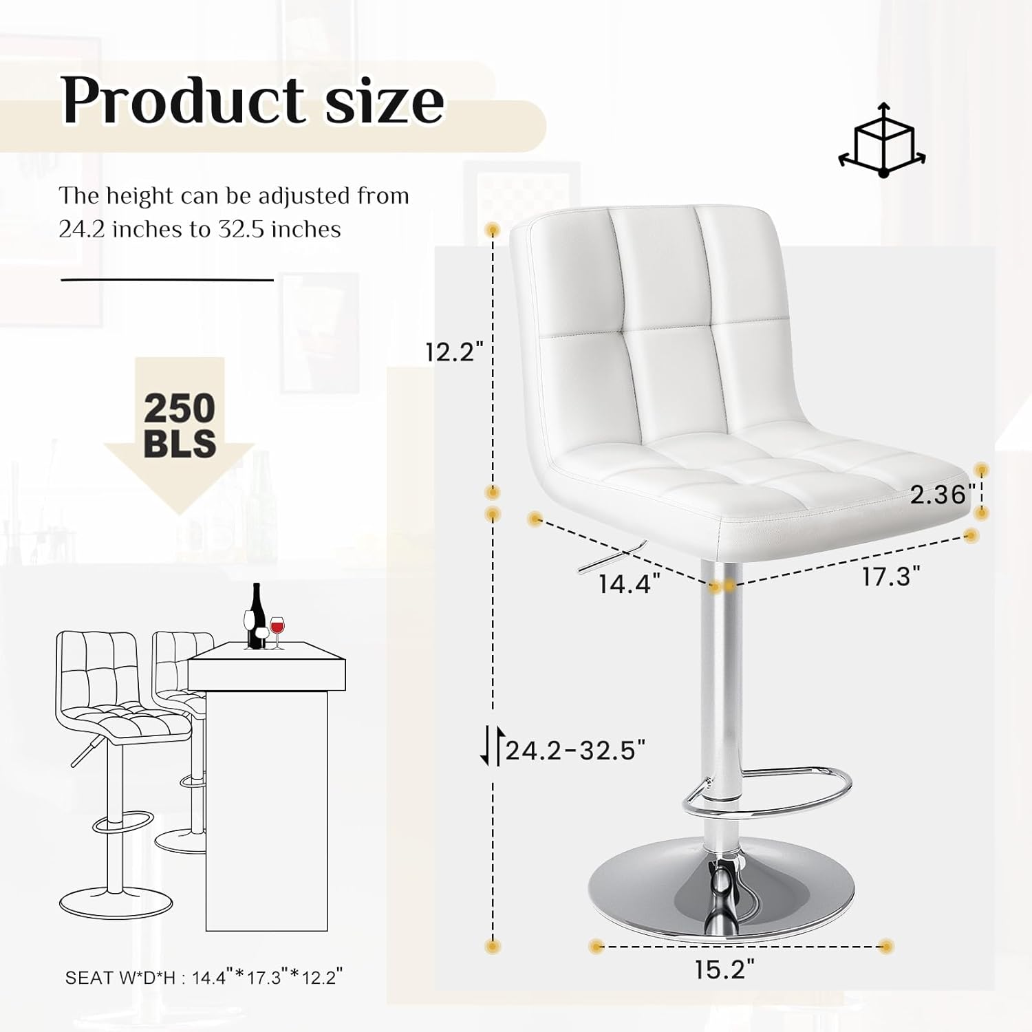 DUMOS Bar Stools Set of 4, 24 inch Counter Height Bar Stools, Upholstered Modern Kitchen Barstools with Metal Base, PU Leather Saddle Stools for Kitchen Island, White - Grand Goldman