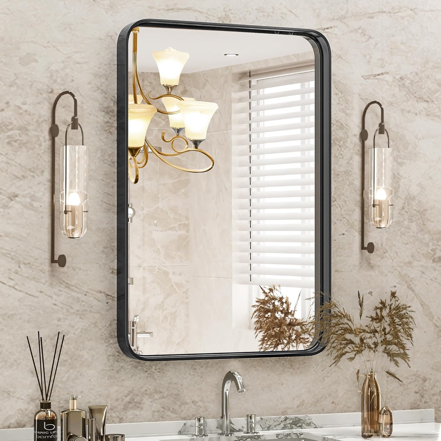 DUMOS Black Metal Framed Vanity Rounded Rectangle Bathroom Mirrors for Over Sink Wall, 30x22 Inch Matte Large Mirror, Modern Decorative for Restroom, Farmhouse, Horizontally or Vertically Hanging - Grand Goldman