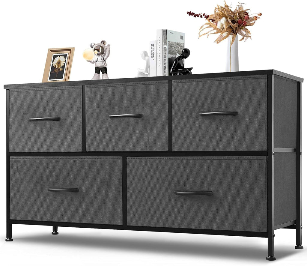 DUMOS Dresser for Bedroom, Storage Drawers, Fabric Storage Tower with 9 Drawers, Chest of Drawers with Fabric Bins, Sturdy Metal Frame, Wood Tabletop for Kids Room, Closet, Entryway, Nursery - Grand Goldman