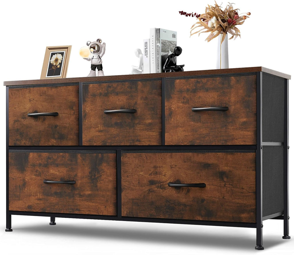 DUMOS Dresser for Bedroom, Storage Drawers, Fabric Storage Tower with 9 Drawers, Chest of Drawers with Fabric Bins, Sturdy Metal Frame, Wood Tabletop for Kids Room, Closet, Entryway, Nursery - Grand Goldman