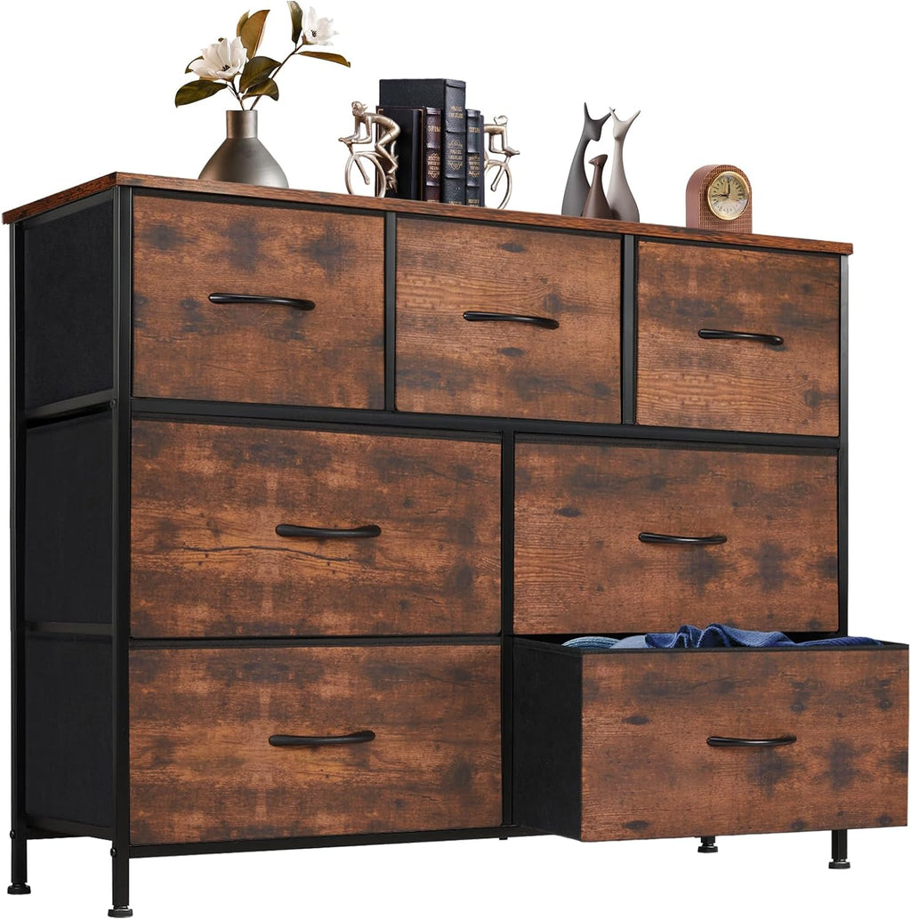 DUMOS Dresser for Bedroom, Storage Drawers, Fabric Storage Tower with 9 Drawers, Chest of Drawers with Fabric Bins, Sturdy Metal Frame, Wood Tabletop for Kids Room, Closet, Entryway, Nursery - Grand Goldman