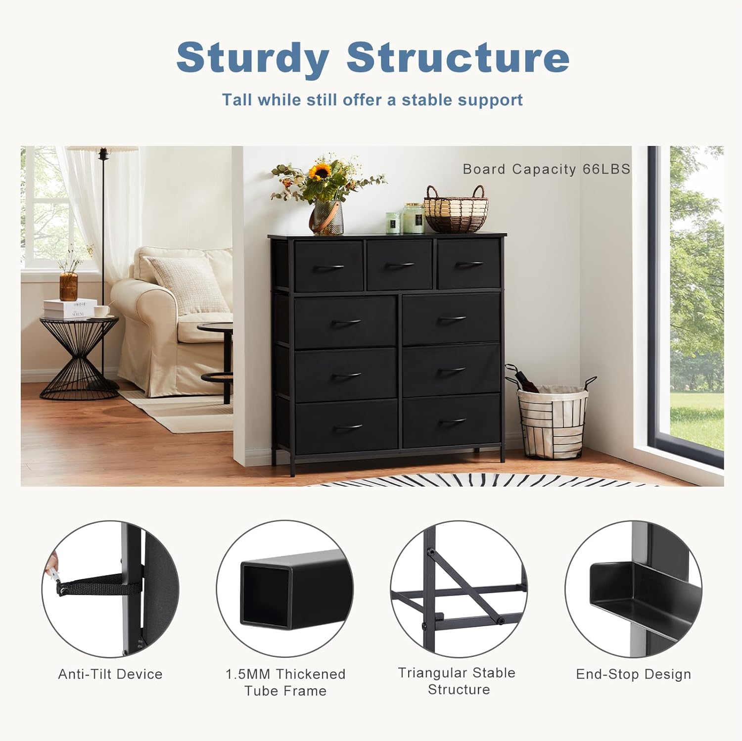 DUMOS Dresser for Bedroom, Storage Drawers, Fabric Storage Tower with 9 Drawers, Chest of Drawers with Fabric Bins, Sturdy Metal Frame, Wood Tabletop for Kids Room, Closet, Entryway, Nursery - Grand Goldman