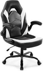 DUMOS Ergonomic Computer Gaming Chair - Home Office Desk with PU Leather Lumbar Support, Height Adjustable Big and Tall Video Game with Flip-up Armrest, Swivel Wheels for Adults and Teens - Grand Goldman
