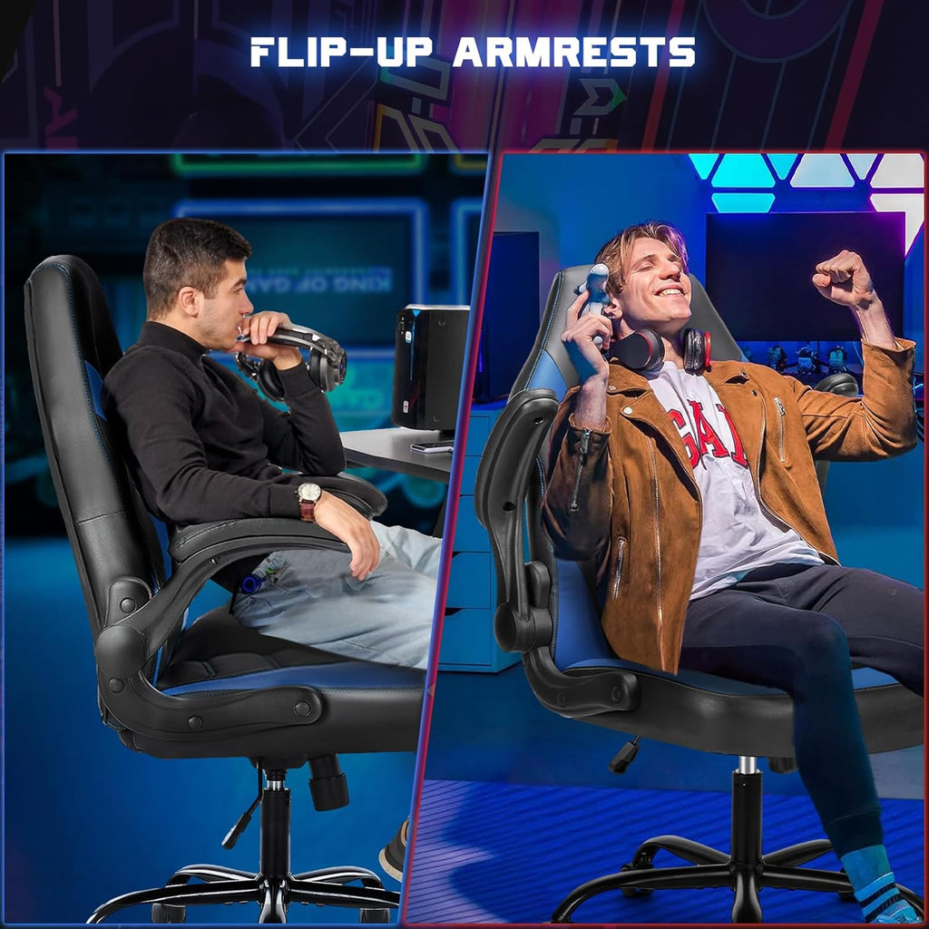 DUMOS Ergonomic Computer Gaming Chair - Home Office Desk with PU Leather Lumbar Support, Height Adjustable Big and Tall Video Game with Flip-up Armrest, Swivel Wheels for Adults and Teens - Grand Goldman