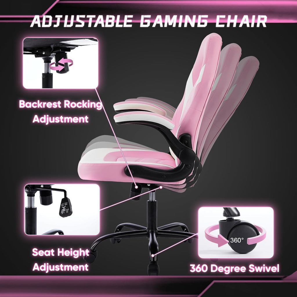 DUMOS Ergonomic Computer Gaming Chair - Home Office Desk with PU Leather Lumbar Support, Height Adjustable Big and Tall Video Game with Flip-up Armrest, Swivel Wheels for Adults and Teens - Grand Goldman