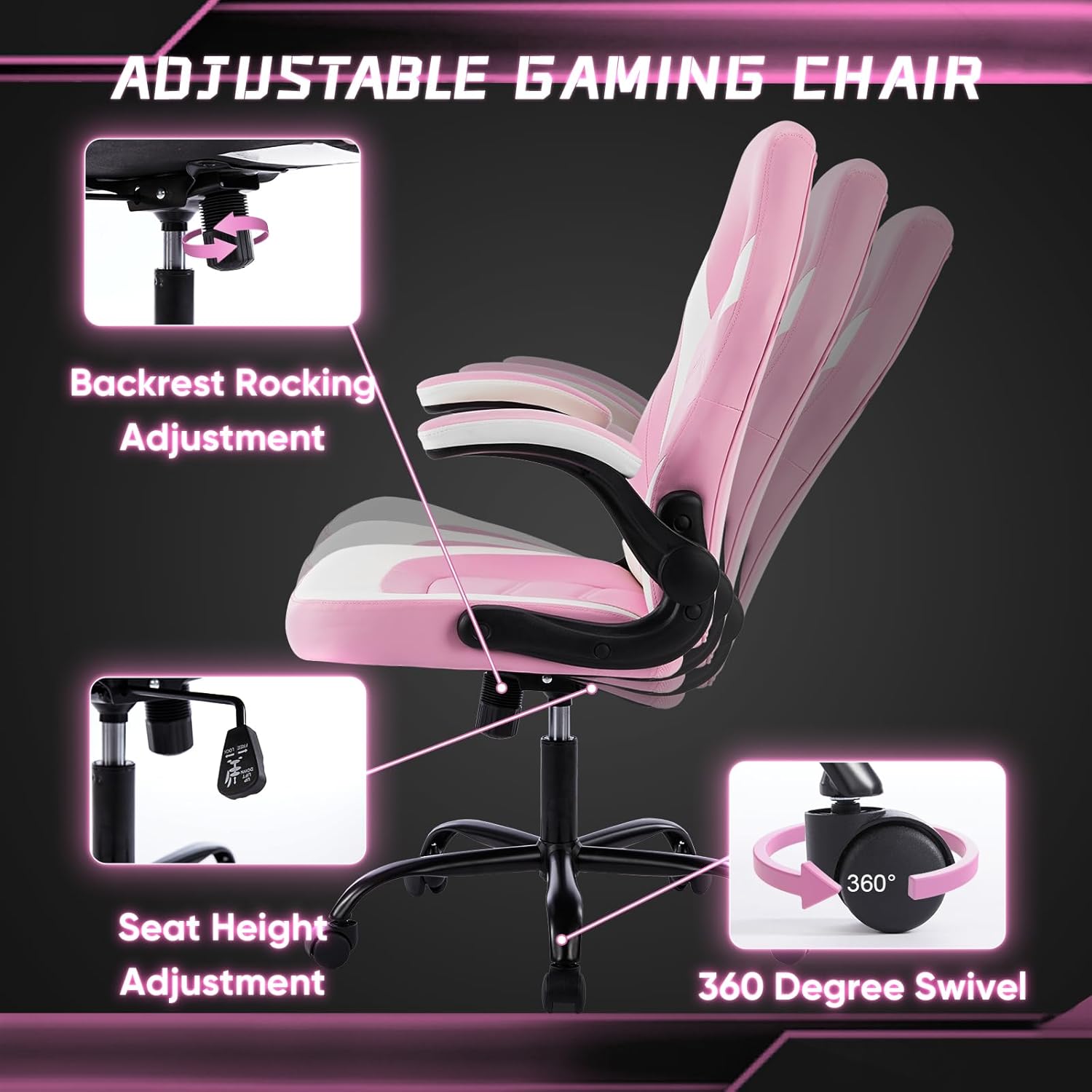 DUMOS Ergonomic Computer Gaming Chair - Home Office Desk with PU Leather Lumbar Support, Height Adjustable Big and Tall Video Game with Flip-up Armrest, Swivel Wheels for Adults and Teens - Grand Goldman