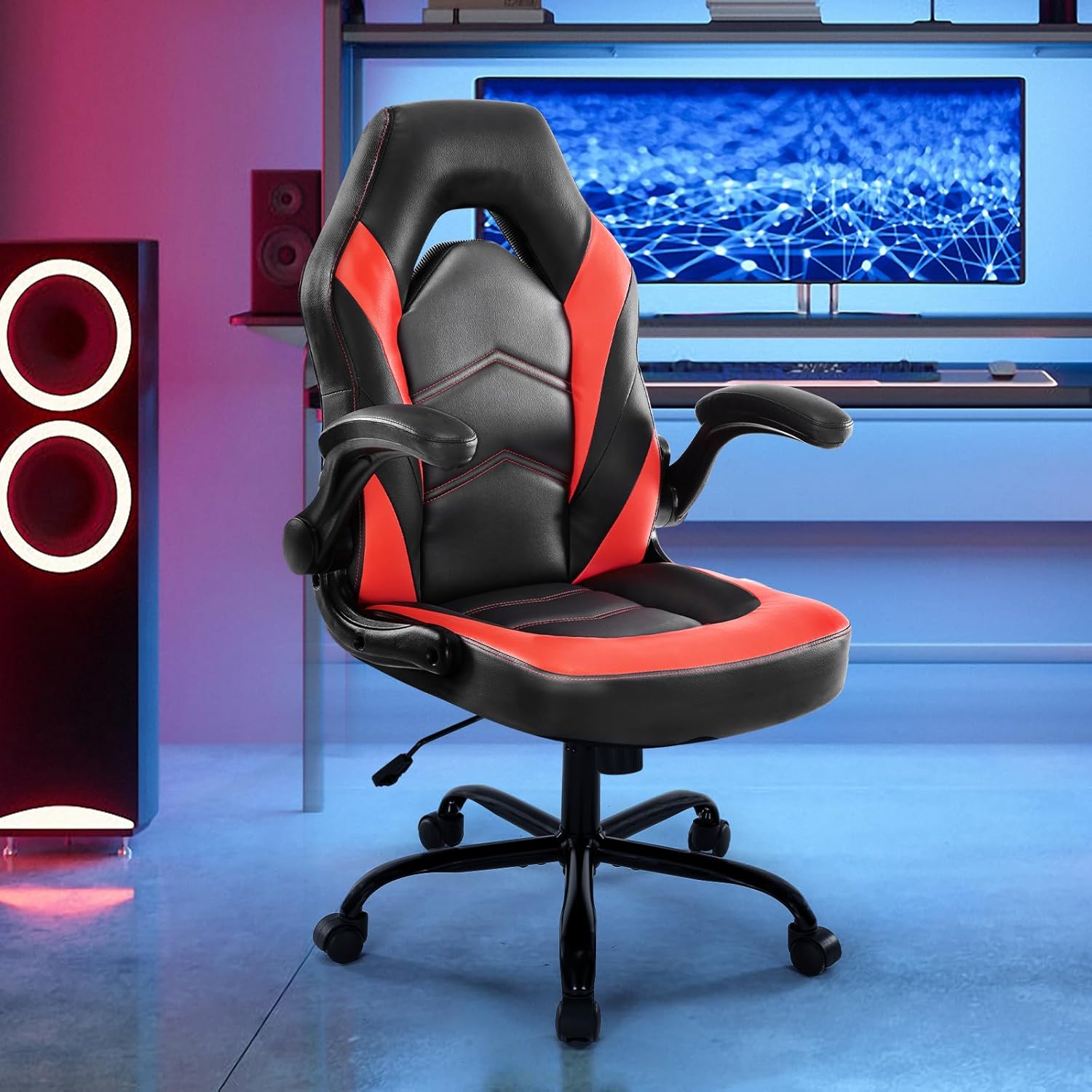 DUMOS Ergonomic Computer Gaming Chair - Home Office Desk with PU Leather Lumbar Support, Height Adjustable Big and Tall Video Game with Flip-up Armrest, Swivel Wheels for Adults and Teens - Grand Goldman