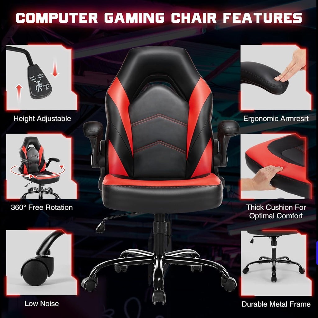 DUMOS Ergonomic Computer Gaming Chair - Home Office Desk with PU Leather Lumbar Support, Height Adjustable Big and Tall Video Game with Flip-up Armrest, Swivel Wheels for Adults and Teens - Grand Goldman