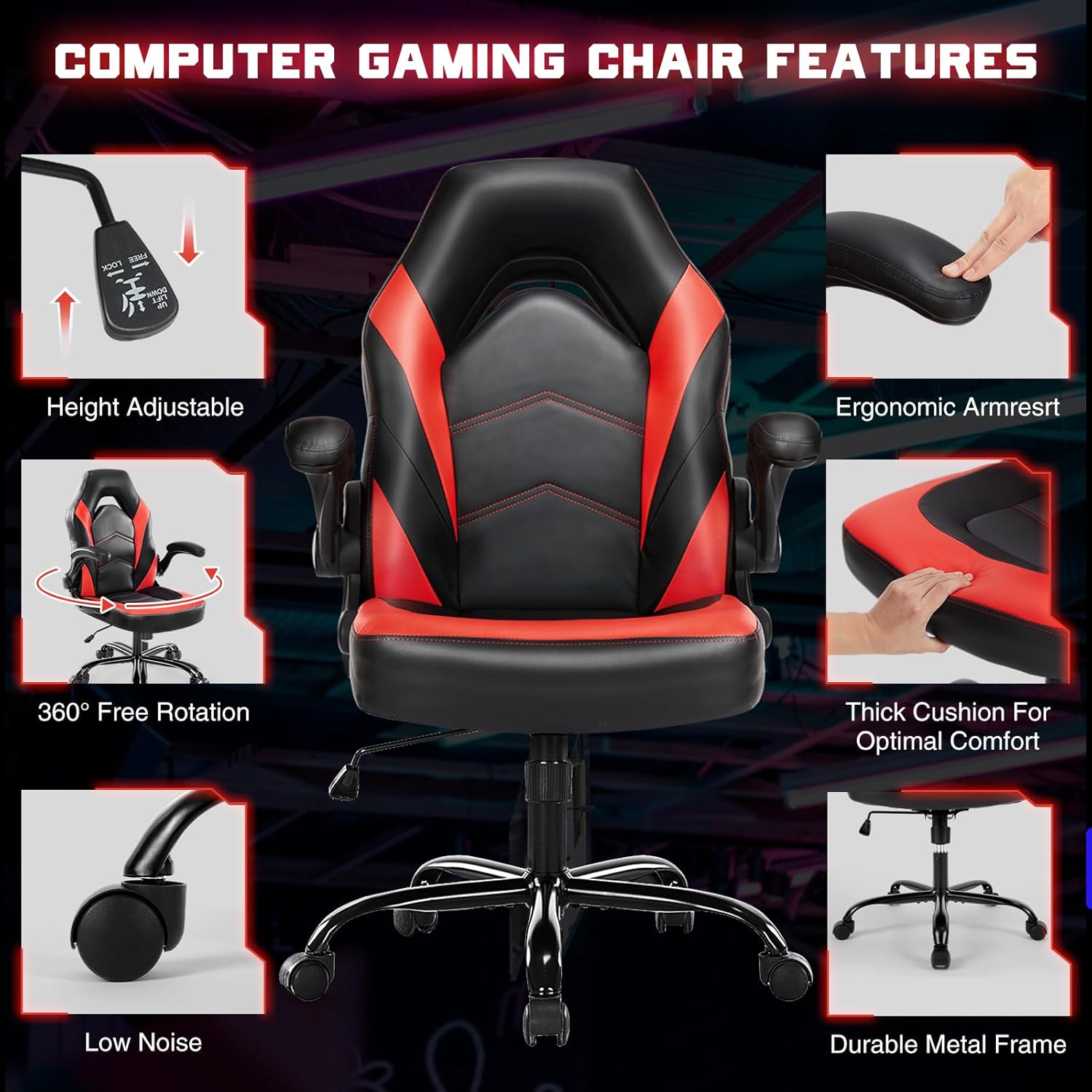 DUMOS Ergonomic Computer Gaming Chair - Home Office Desk with PU Leather Lumbar Support, Height Adjustable Big and Tall Video Game with Flip-up Armrest, Swivel Wheels for Adults and Teens - Grand Goldman