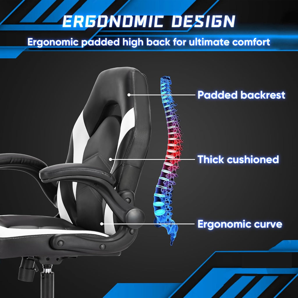 DUMOS Ergonomic Computer Gaming Chair - Home Office Desk with PU Leather Lumbar Support, Height Adjustable Big and Tall Video Game with Flip-up Armrest, Swivel Wheels for Adults and Teens - Grand Goldman