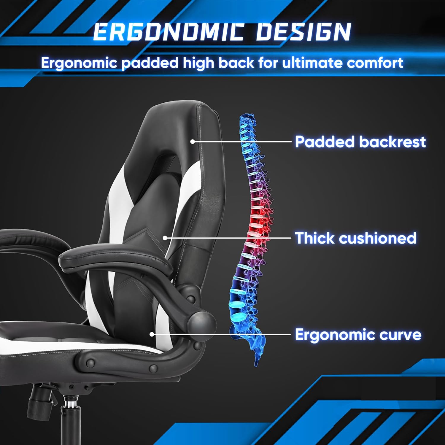 DUMOS Ergonomic Computer Gaming Chair - Home Office Desk with PU Leather Lumbar Support, Height Adjustable Big and Tall Video Game with Flip-up Armrest, Swivel Wheels for Adults and Teens - Grand Goldman
