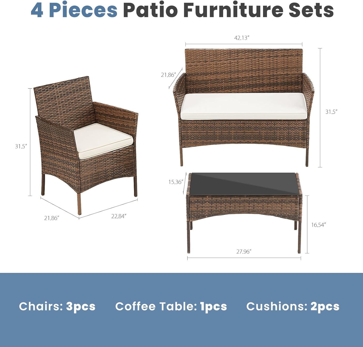 DUMOS Patio Furniture Set 4 Pieces, Outdoor Wicker Furniture with Coffee Table, Modern Rattan Patio Chairs Conversation Sets with Sofa for Garden, Terrace, Porch, Balconies, Lawns (Black and Beige) - Grand Goldman