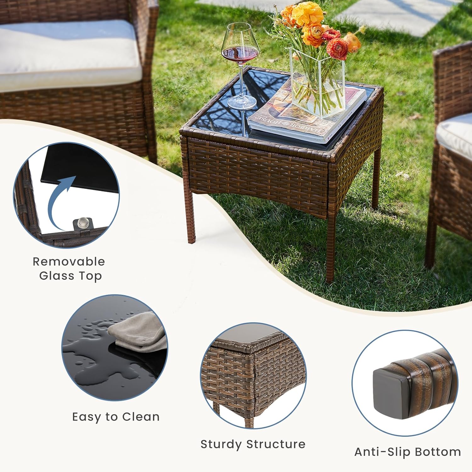 DUMOS Patio Furniture Set 4 Pieces, Outdoor Wicker Furniture with Coffee Table, Modern Rattan Patio Chairs Conversation Sets with Sofa for Garden, Terrace, Porch, Balconies, Lawns (Black and Beige) - Grand Goldman