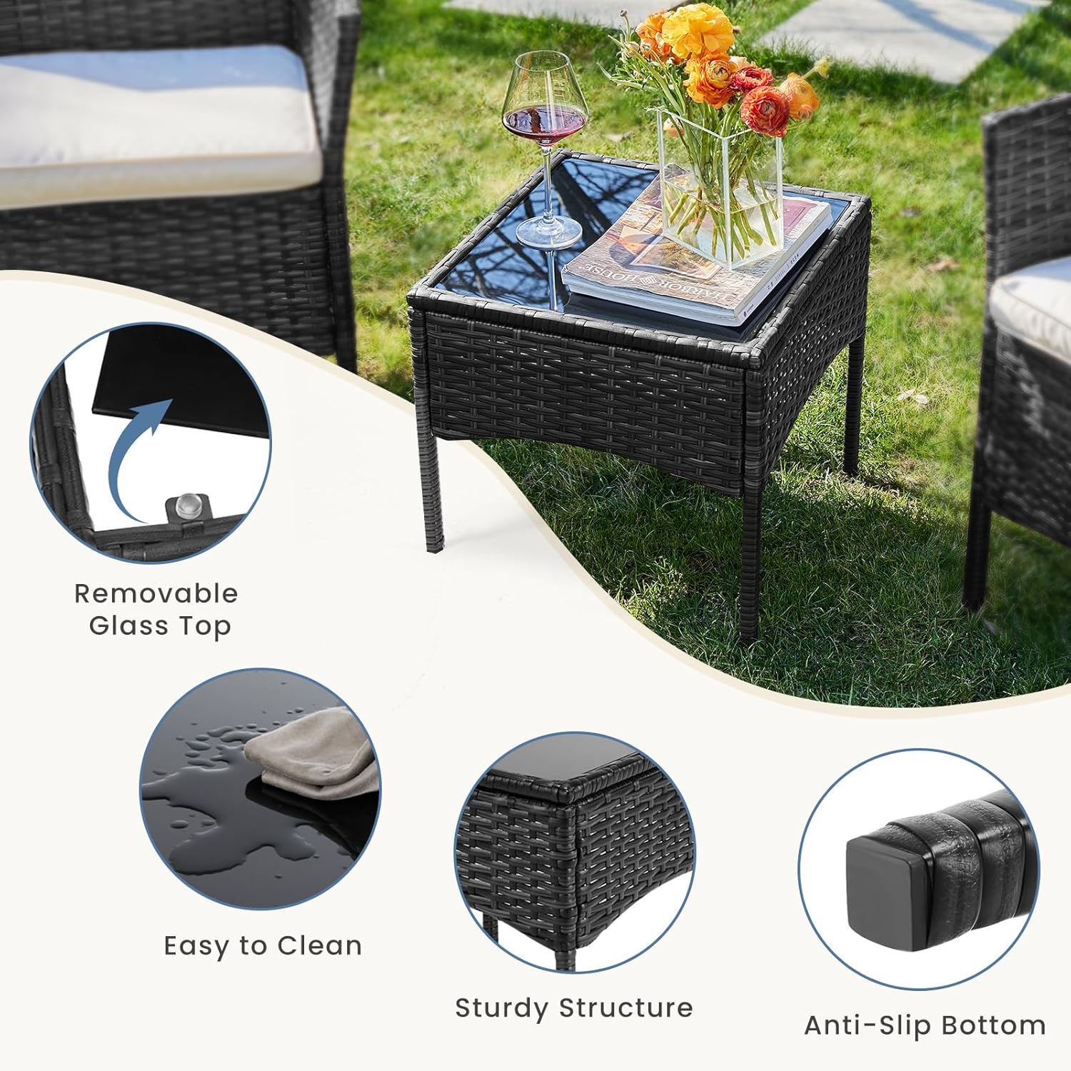 DUMOS Patio Furniture Set 4 Pieces, Outdoor Wicker Furniture with Coffee Table, Modern Rattan Patio Chairs Conversation Sets with Sofa for Garden, Terrace, Porch, Balconies, Lawns (Black and Beige) - Grand Goldman