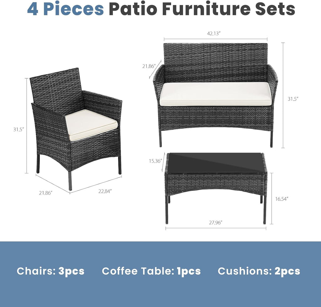 DUMOS Patio Furniture Set 4 Pieces, Outdoor Wicker Furniture with Coffee Table, Modern Rattan Patio Chairs Conversation Sets with Sofa for Garden, Terrace, Porch, Balconies, Lawns (Black and Beige) - Grand Goldman