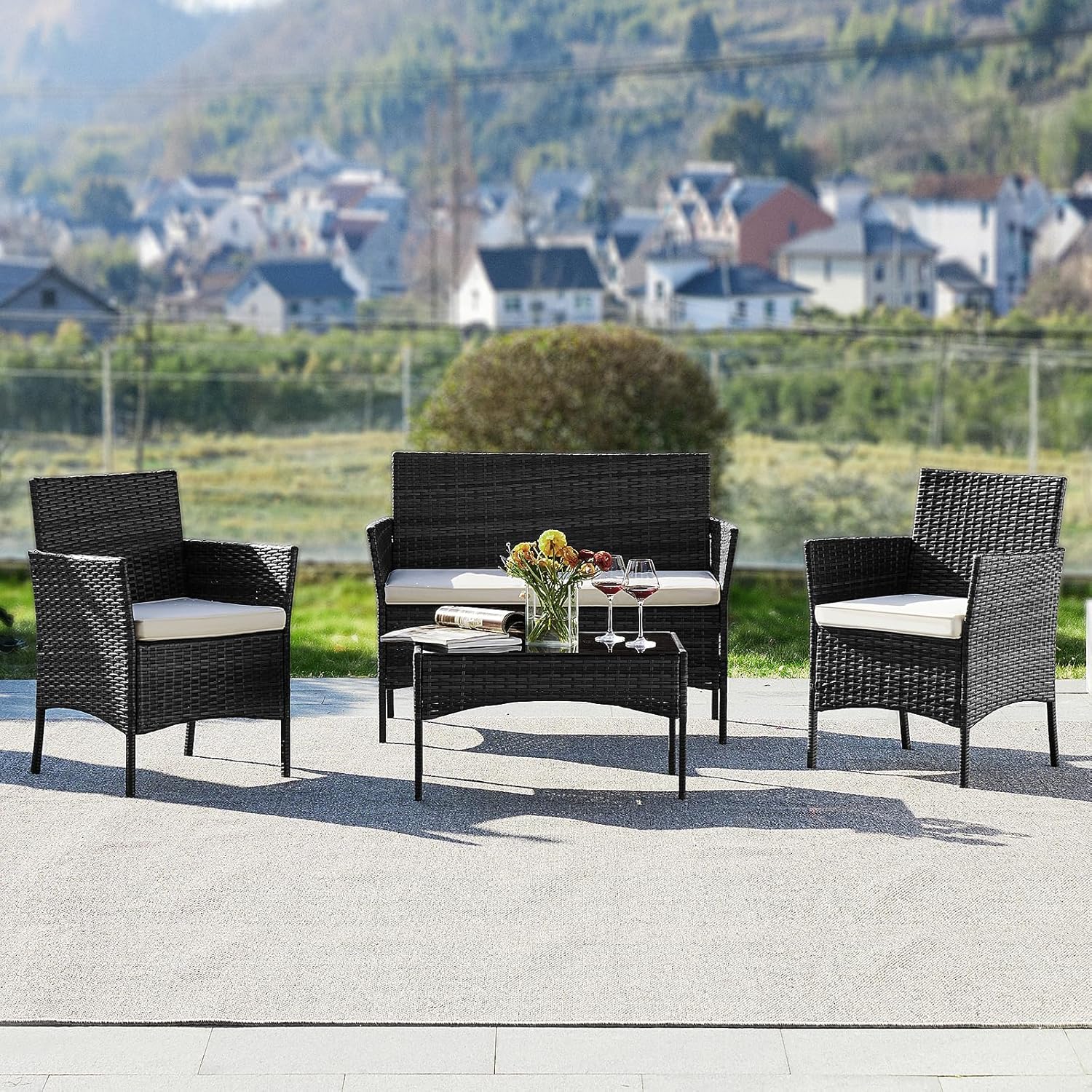 DUMOS Patio Furniture Set 4 Pieces, Outdoor Wicker Furniture with Coffee Table, Modern Rattan Patio Chairs Conversation Sets with Sofa for Garden, Terrace, Porch, Balconies, Lawns (Black and Beige) - Grand Goldman